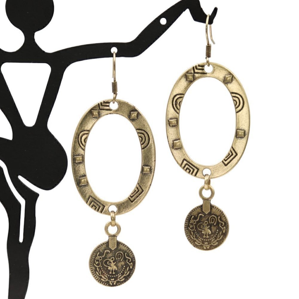 Antique Brass Oval Medallion Drop Earrings - Picture 4 of 4